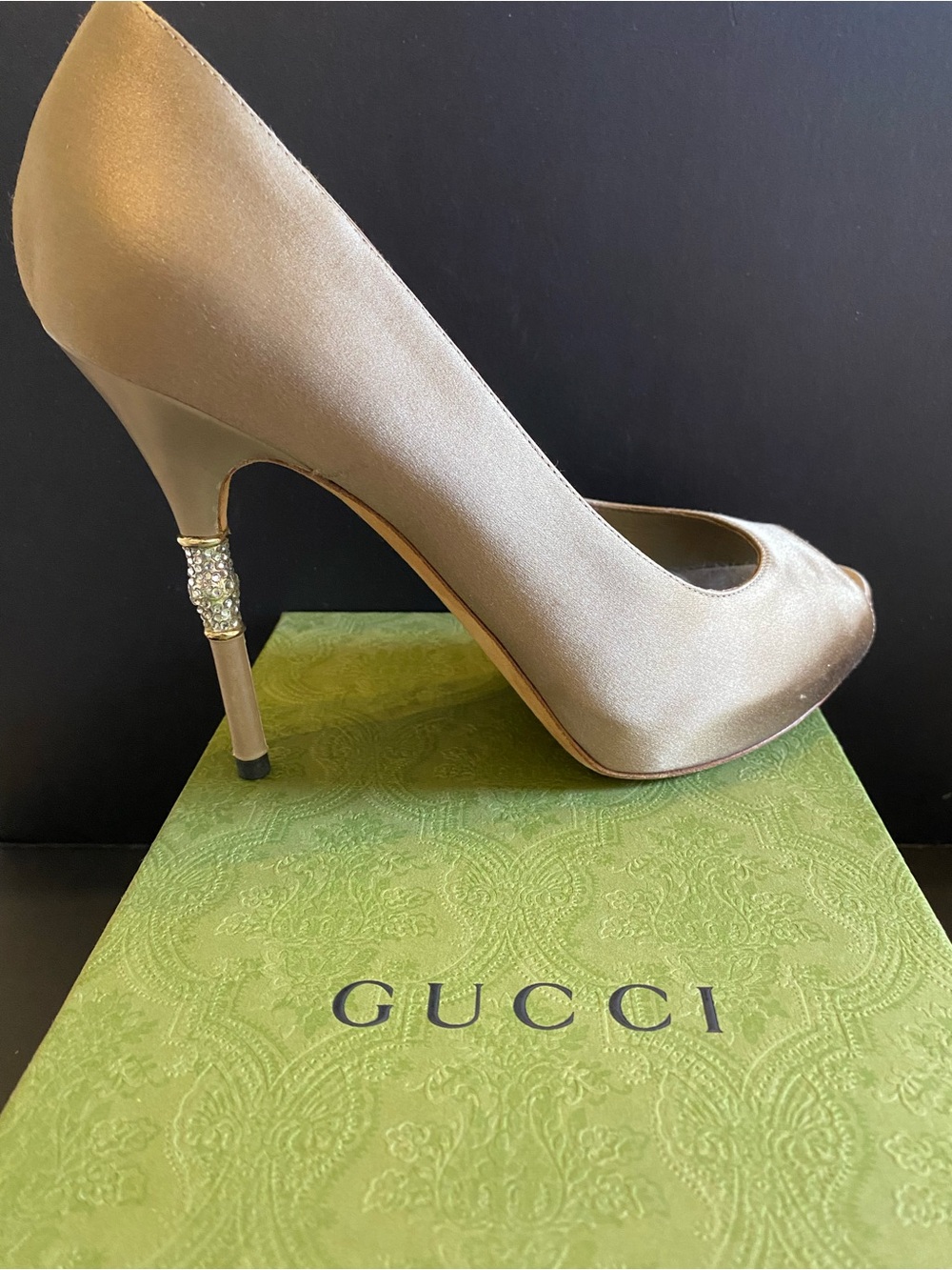 Gucci Silk Peep Toe Heel with Crystals. Authentic.